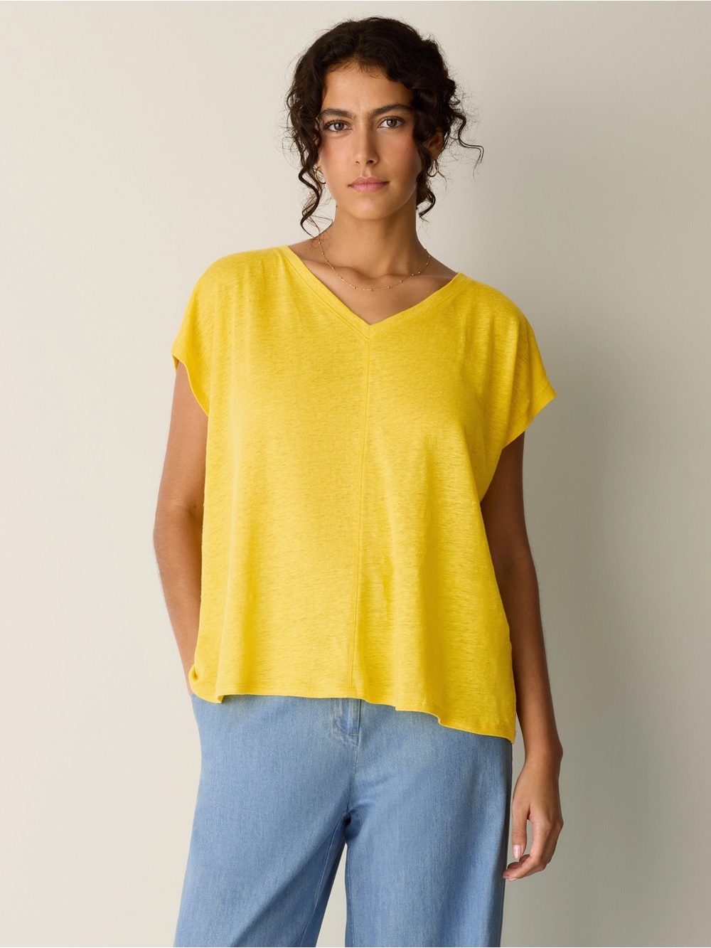 Eileen Fisher Organic Cotton Slub V-Neck Tee in Golden Yellow, Women’s Large